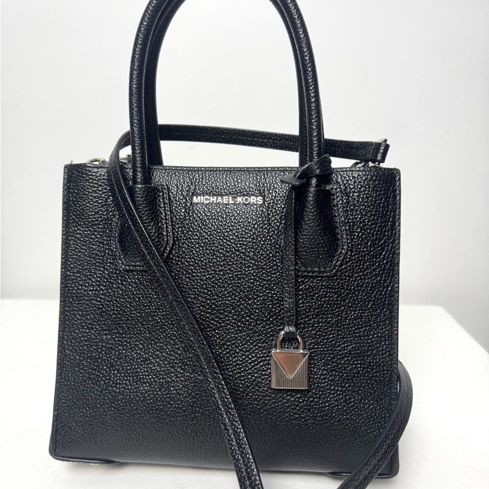 Michael Kors Black Leather Satchel Crossbody Bag Small Structured Purse